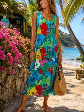 Jams World Janis Midi Dress S  Empire Waist Tropical Wearable Art Vintage